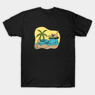 Pug Dog Surfing on the Sea Wave on the Summer Beach T-Shirt